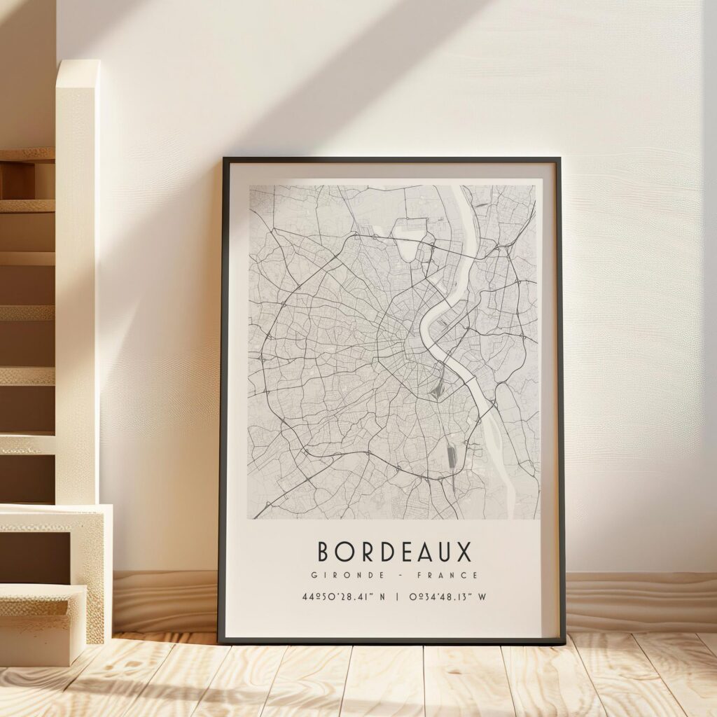 Carte de Bordeaux noir et blanc, affiche encadrée