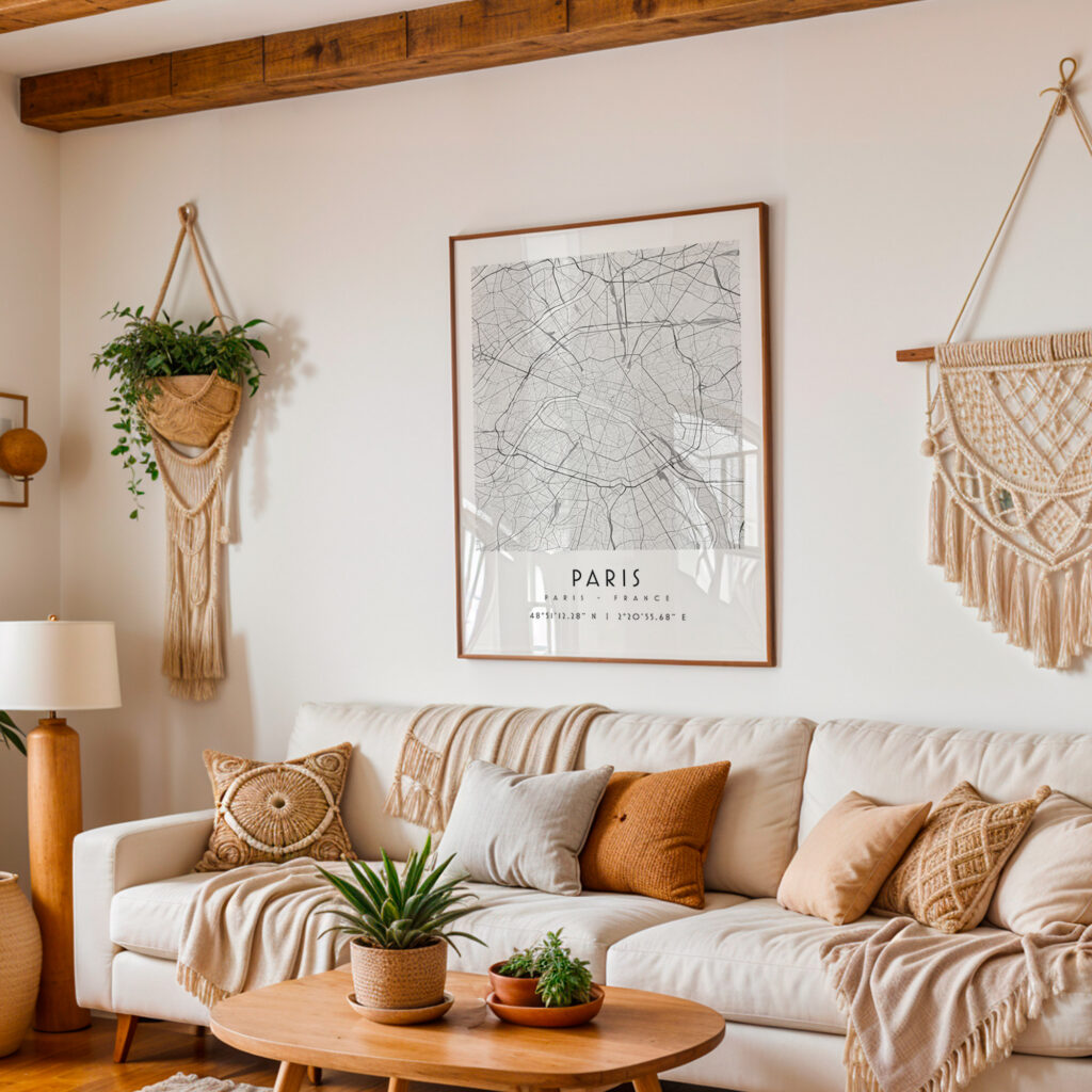 Carte de Paris noir et blanc, affiche encadrée