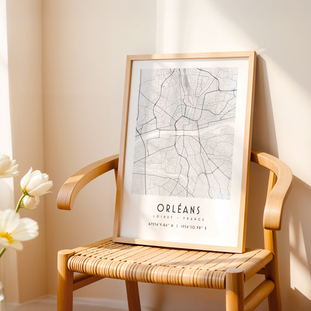 Carte d'Orléans noir et blanc, affiche encadrée