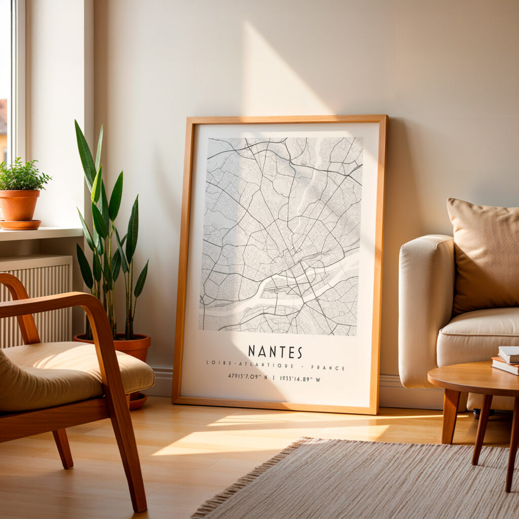 Carte de Nantes noir et blanc, affiche encadrée