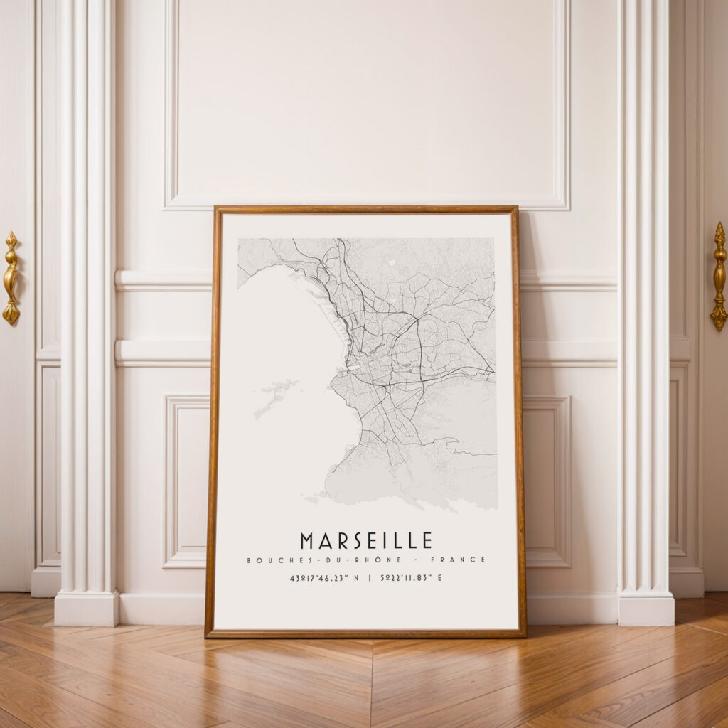 Carte de Marseille noir et blanc, affiche encadrée