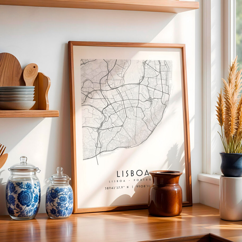 Carte Lisbonne noir et blanc, affiche encadrée