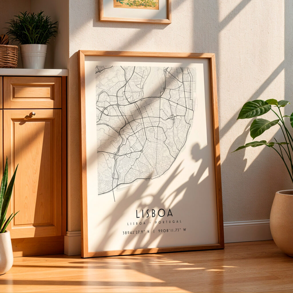 Carte Lisbonne noir et blanc, affiche encadrée