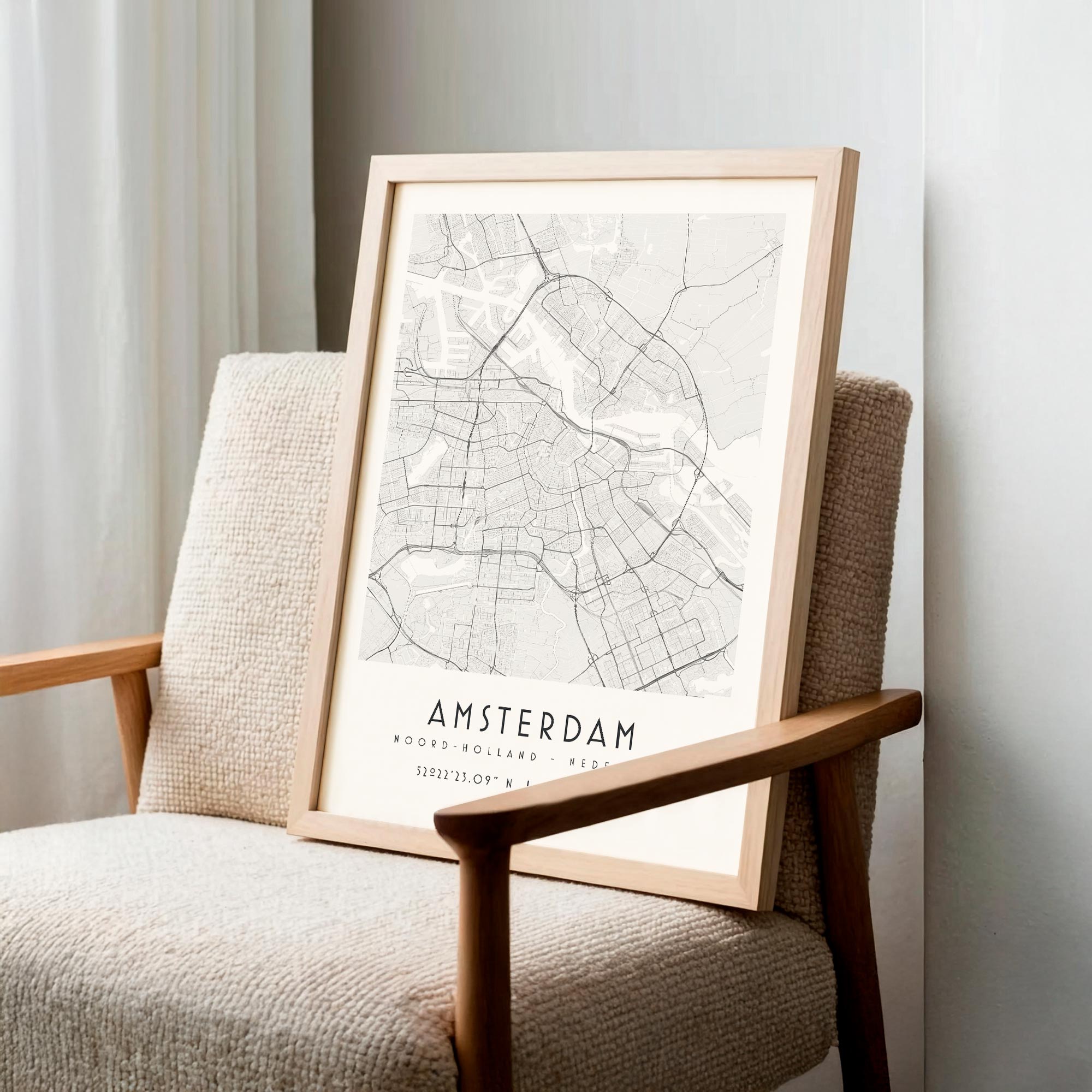 Carte Amsterdam noir et blanc, affiche encadrée