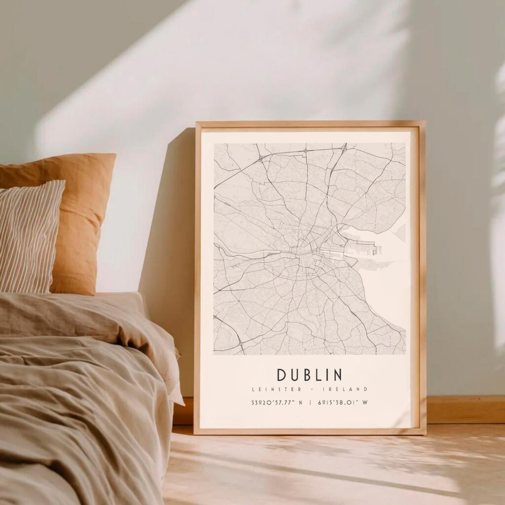 Carte Dublin noir et blanc, affiche encadrée