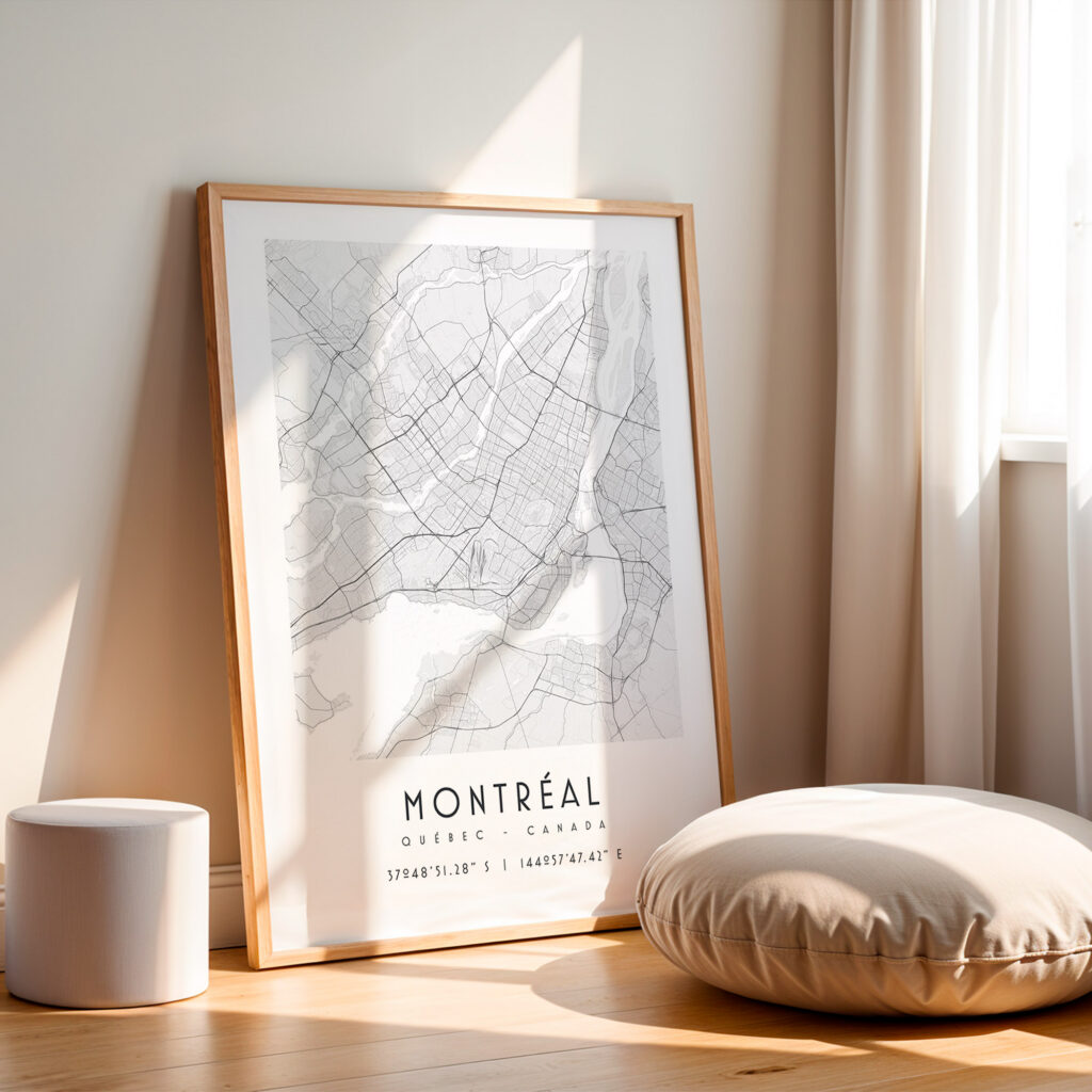 Carte Montreal noir et blanc, affiche encadrée