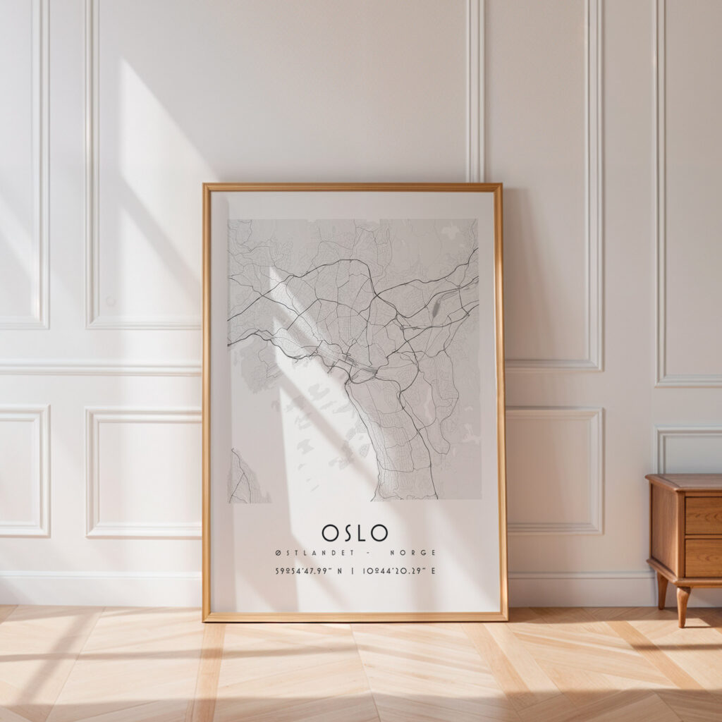 Carte Oslo noir et blanc, affiche encadrée