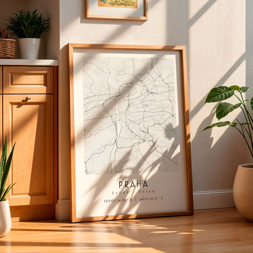 Carte Prague noir et blanc, affiche encadrée