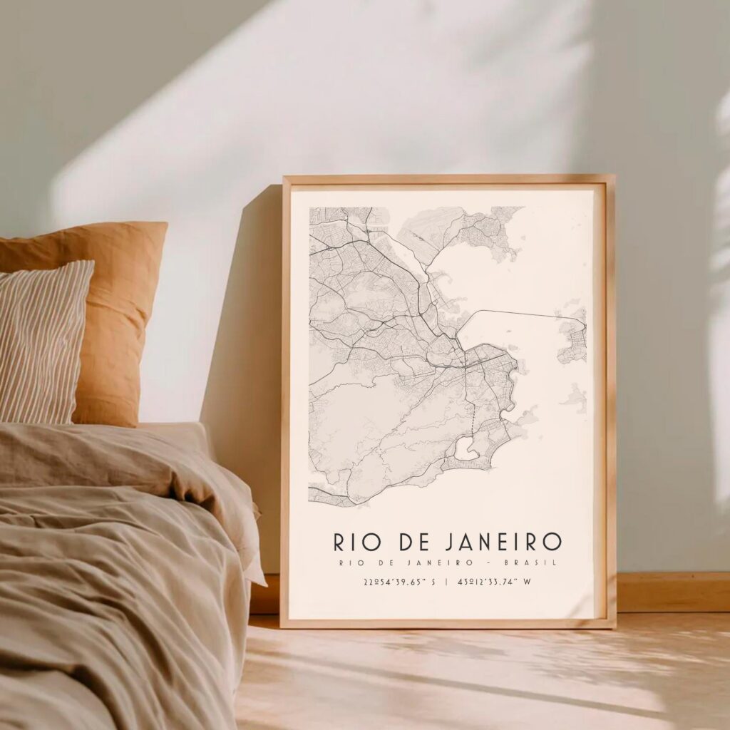 Carte Rio de Janeiro noir et blanc, affiche encadrée