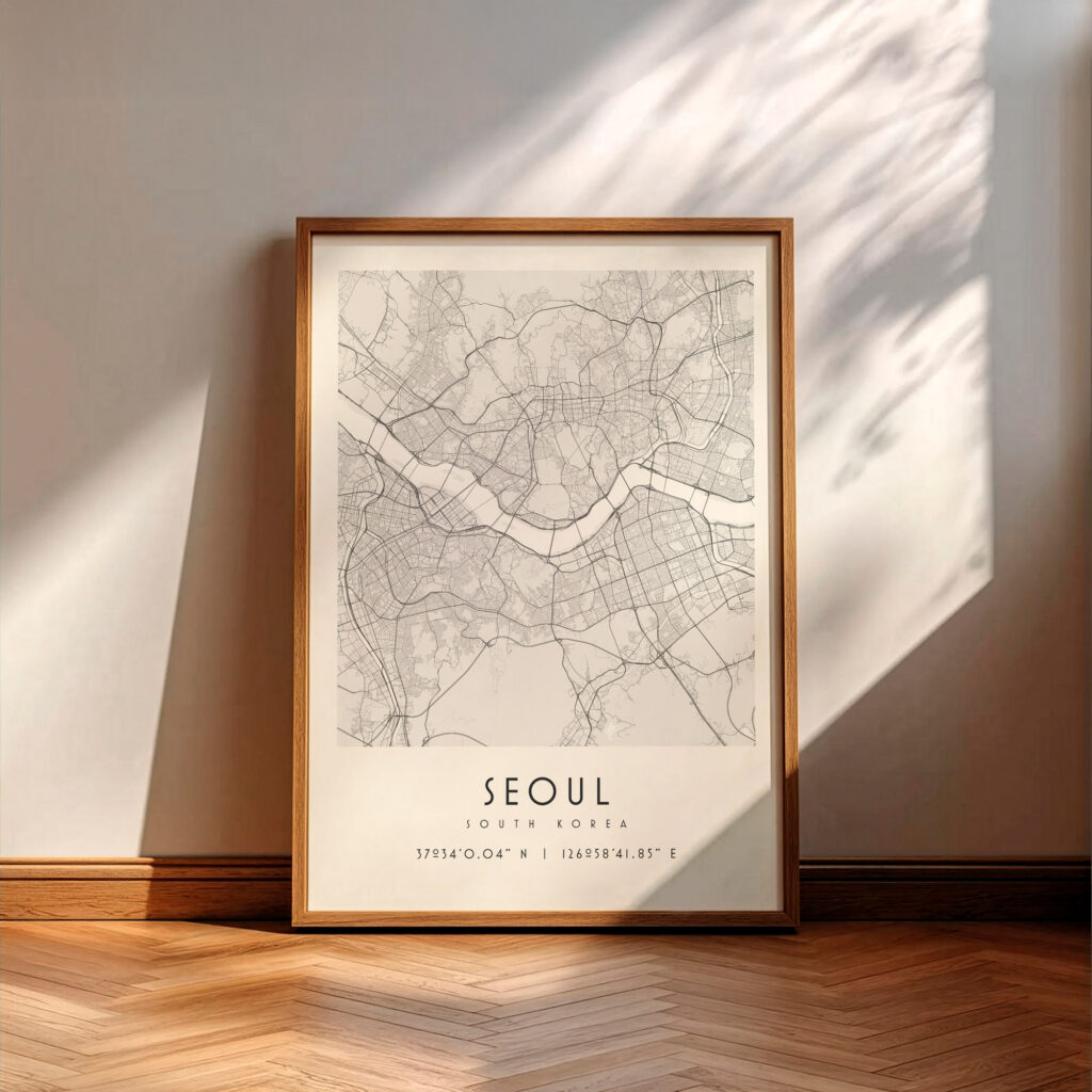 Carte Séoul noir et blanc, affiche encadrée