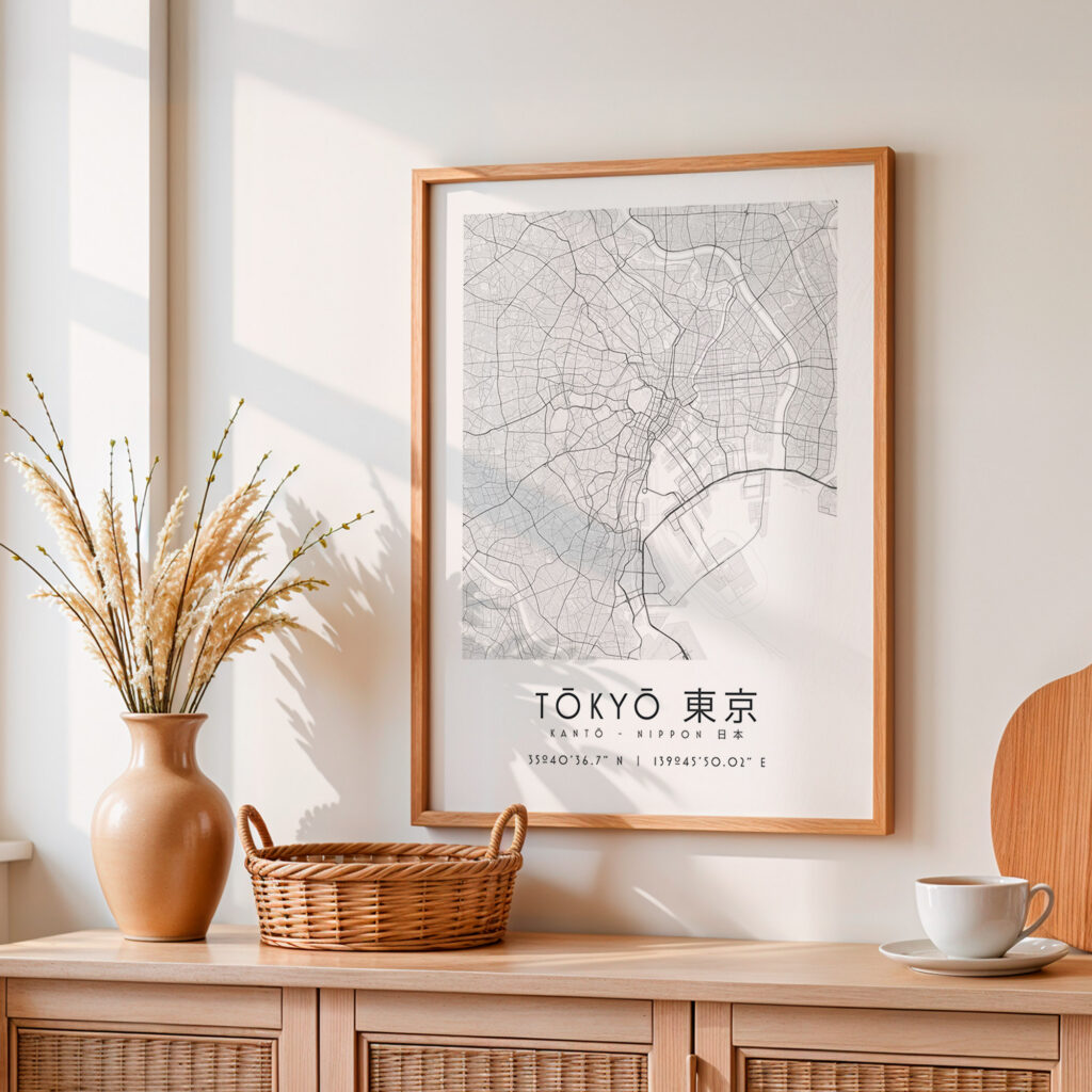 Carte Tokyo noir et blanc, affiche encadrée