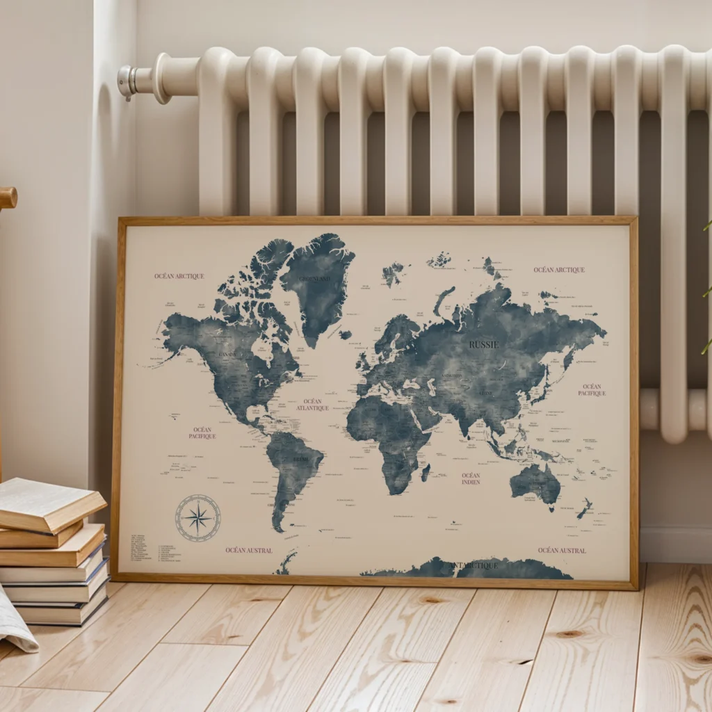 Carte du monde bleue en français encadrée