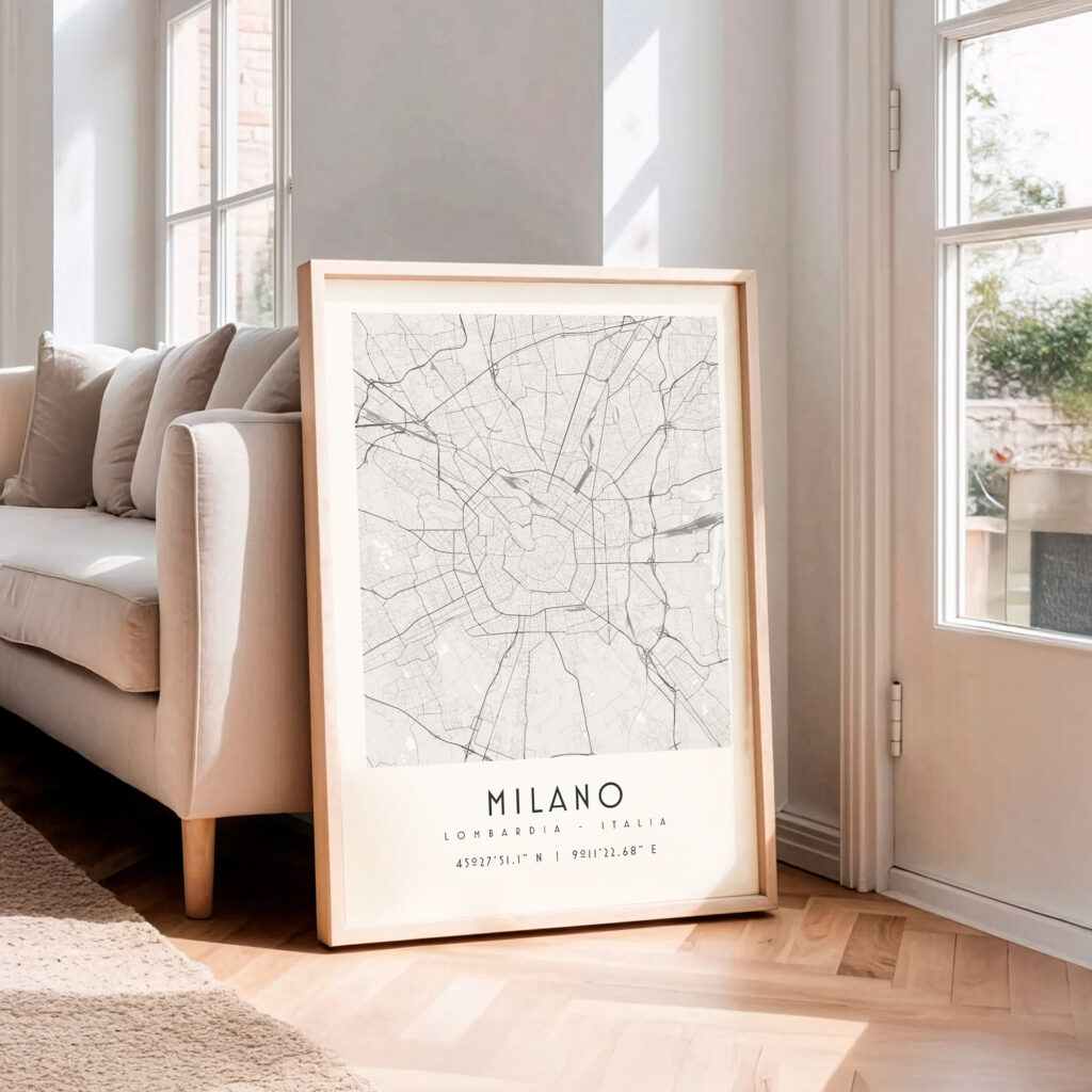Carte Milan noir et blanc, affiche encadrée