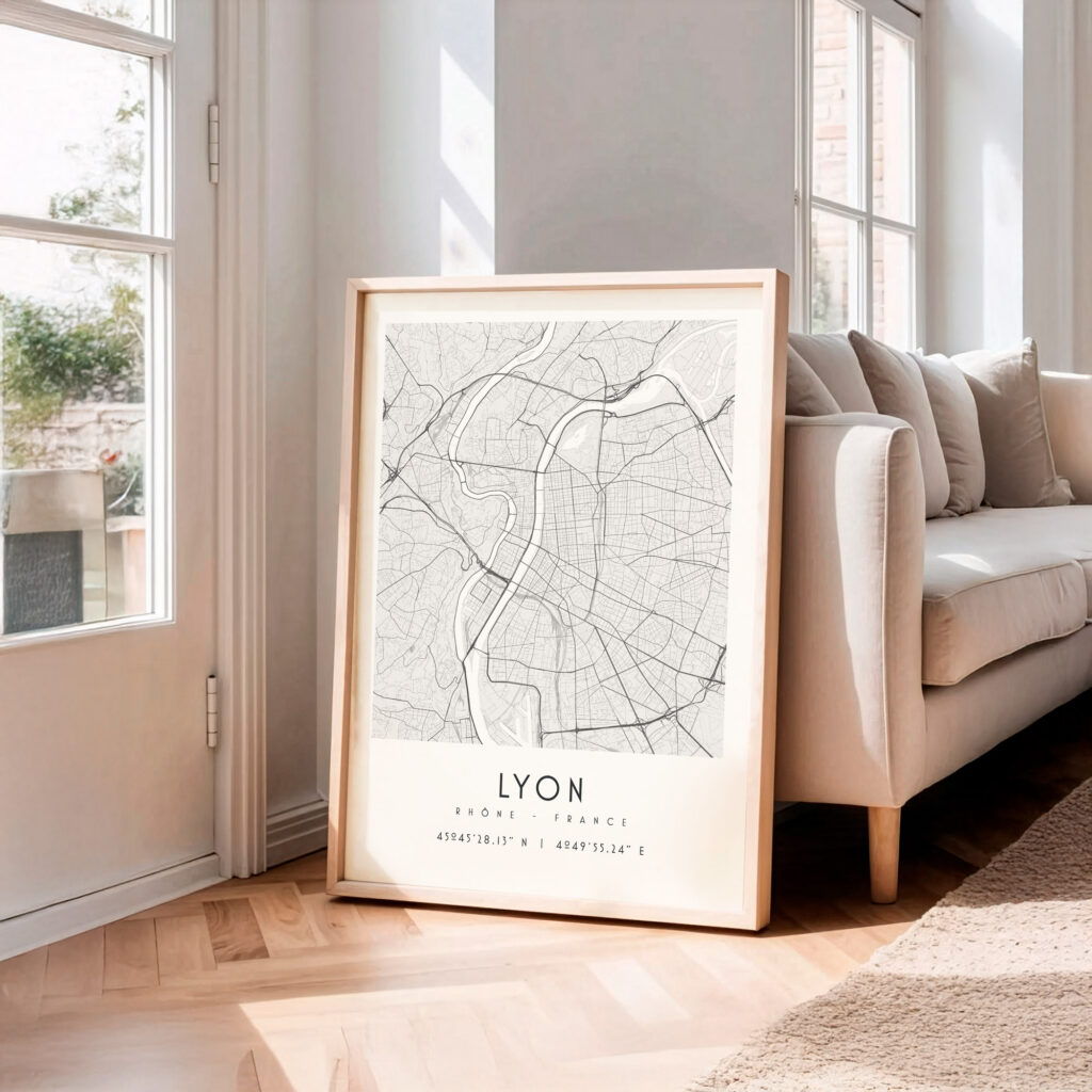 Carte de Lyon noir et blanc, affiche encadrée
