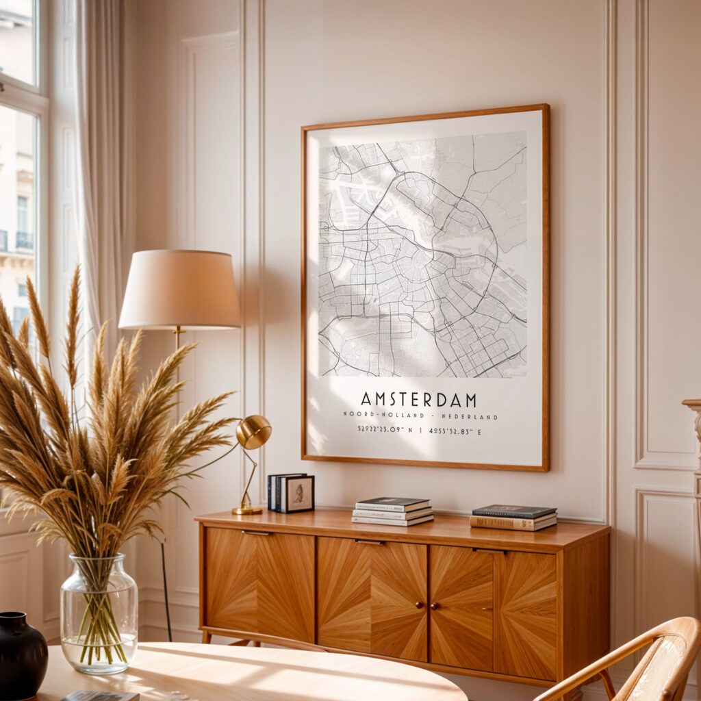 Carte Amsterdam noir et blanc, affiche encadrée