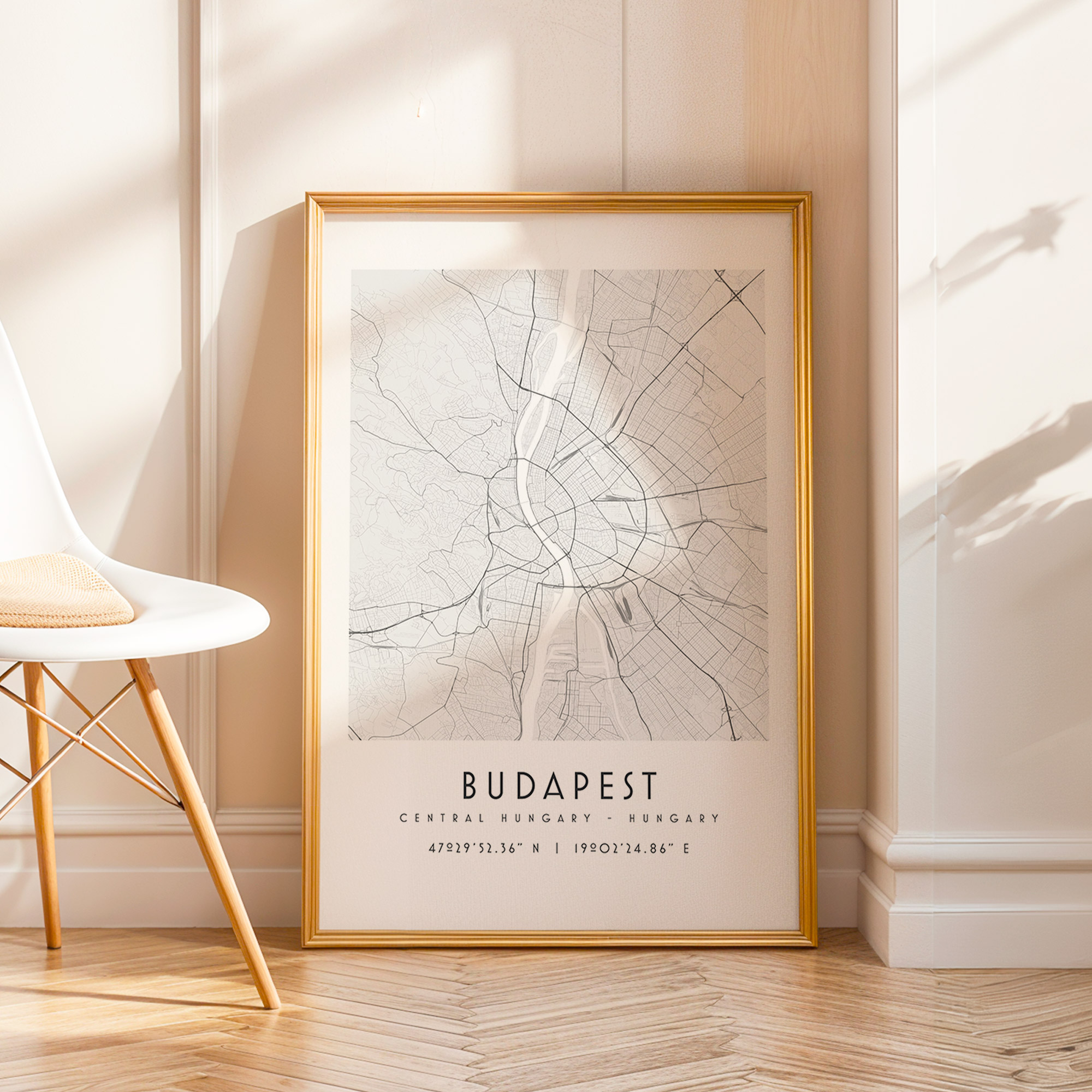 Carte Budapest noir et blanc, affiche encadrée