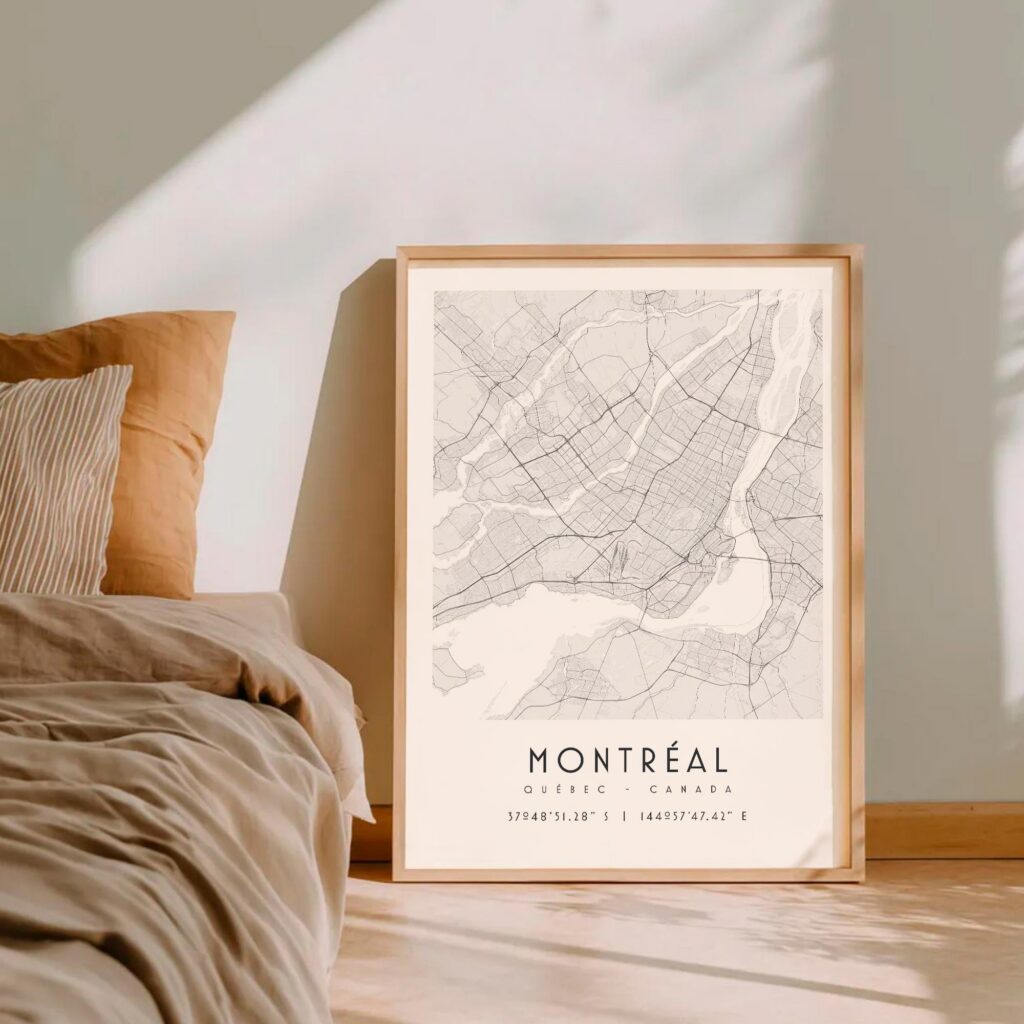 Carte Montreal noir et blanc, affiche encadrée