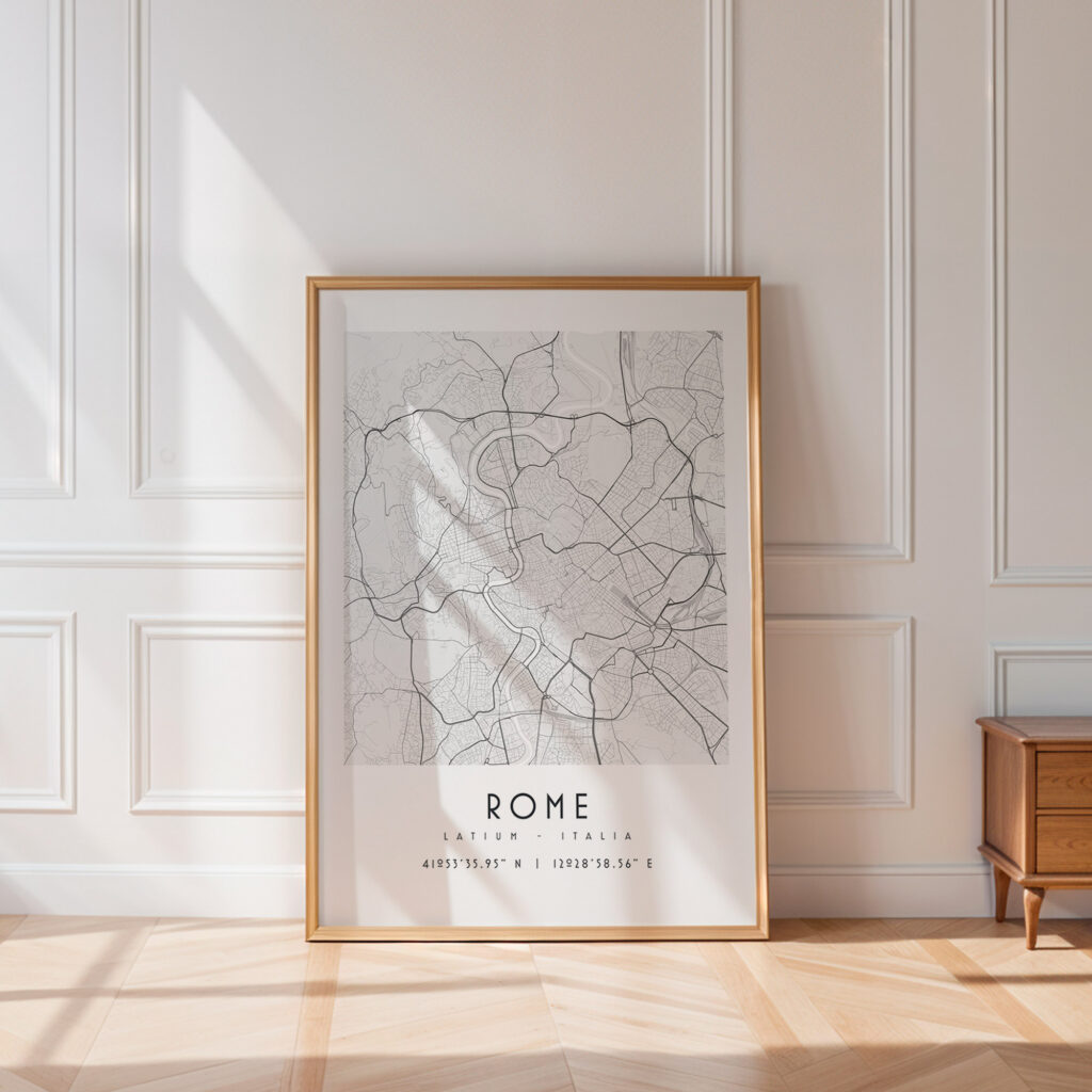 Carte Rome noir et blanc, affiche encadrée