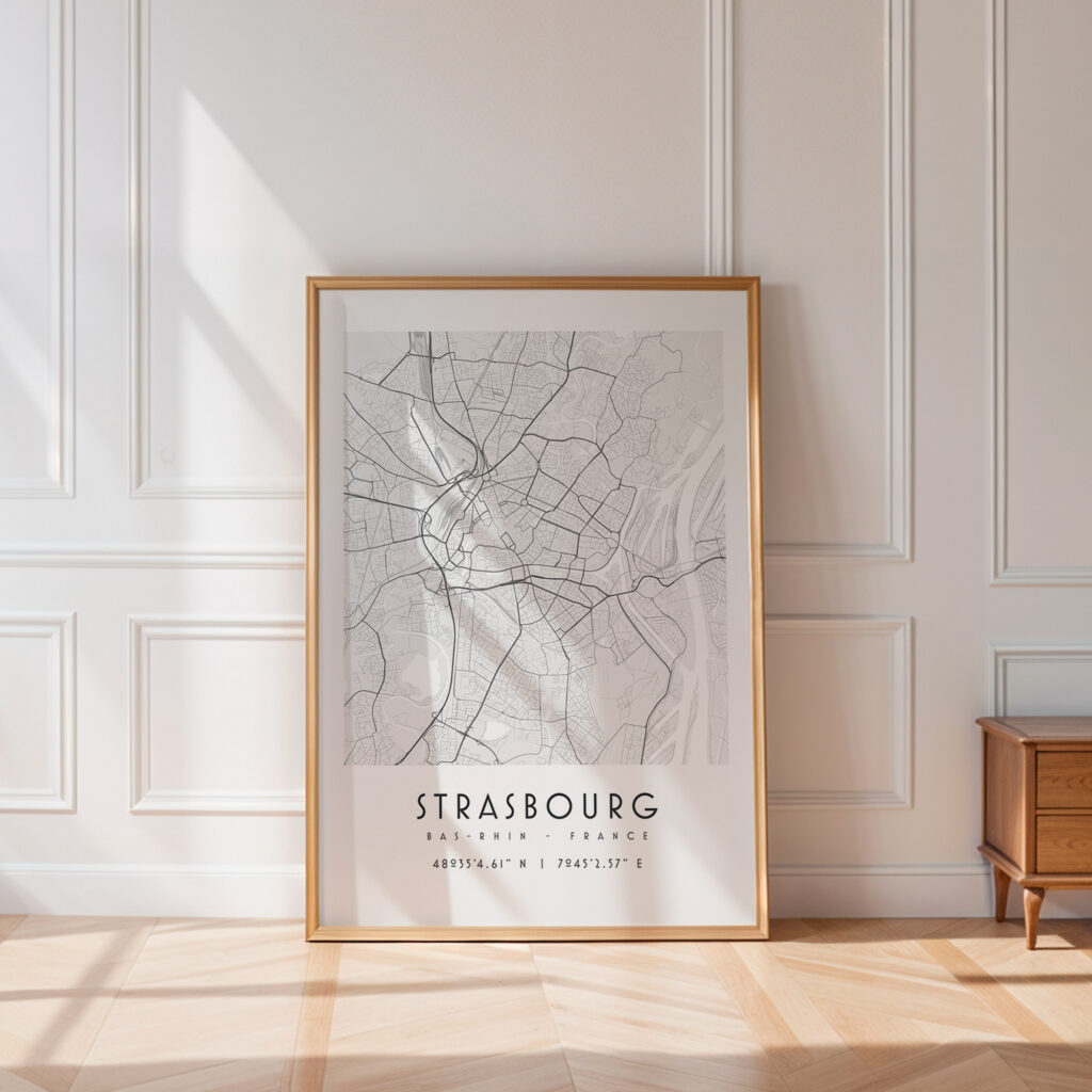 Carte de Strasbourg noir et blanc, affiche encadrée