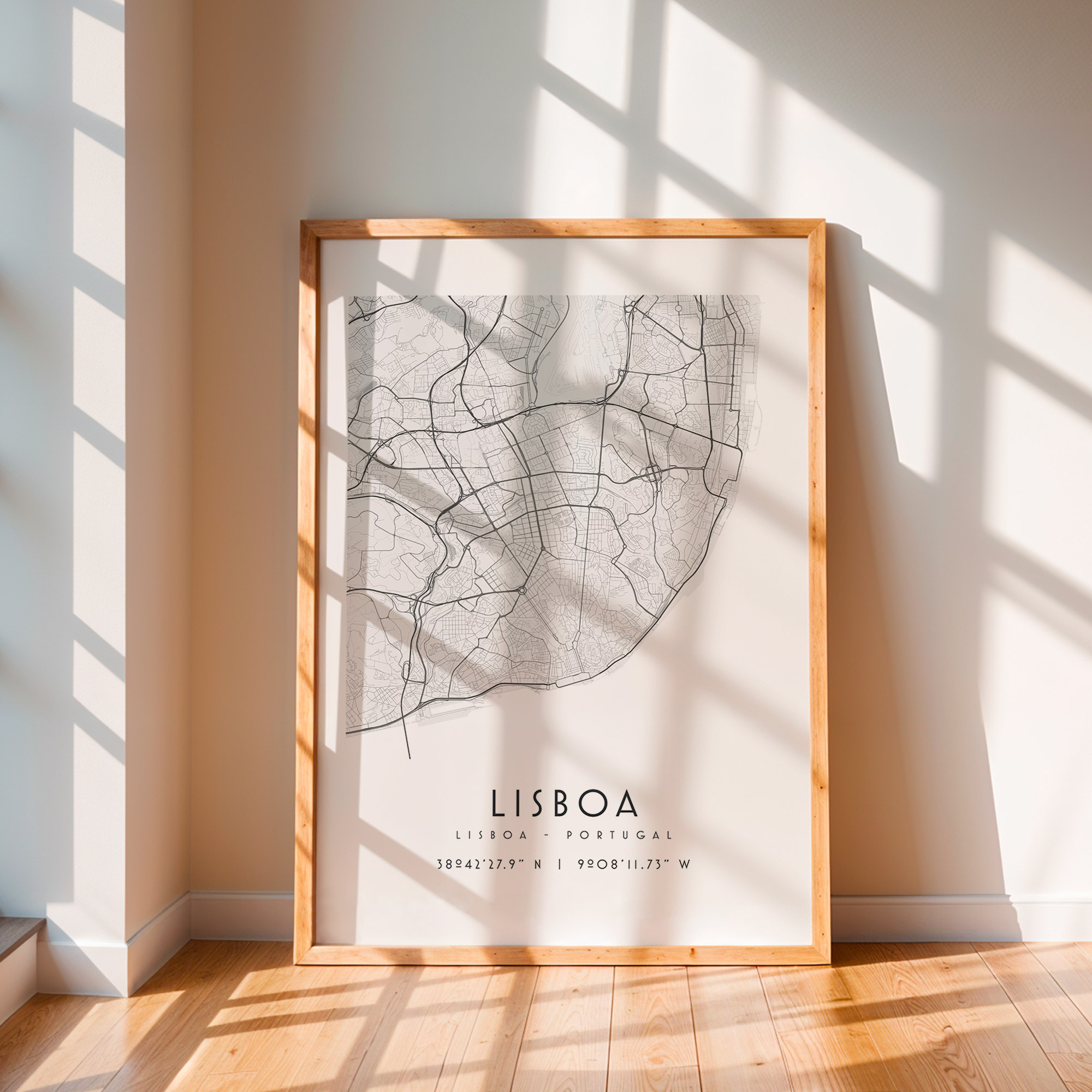 Carte Lisbonne noir et blanc, affiche encadrée