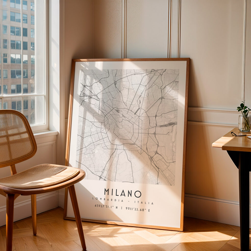 Carte Milan noir et blanc, affiche encadrée