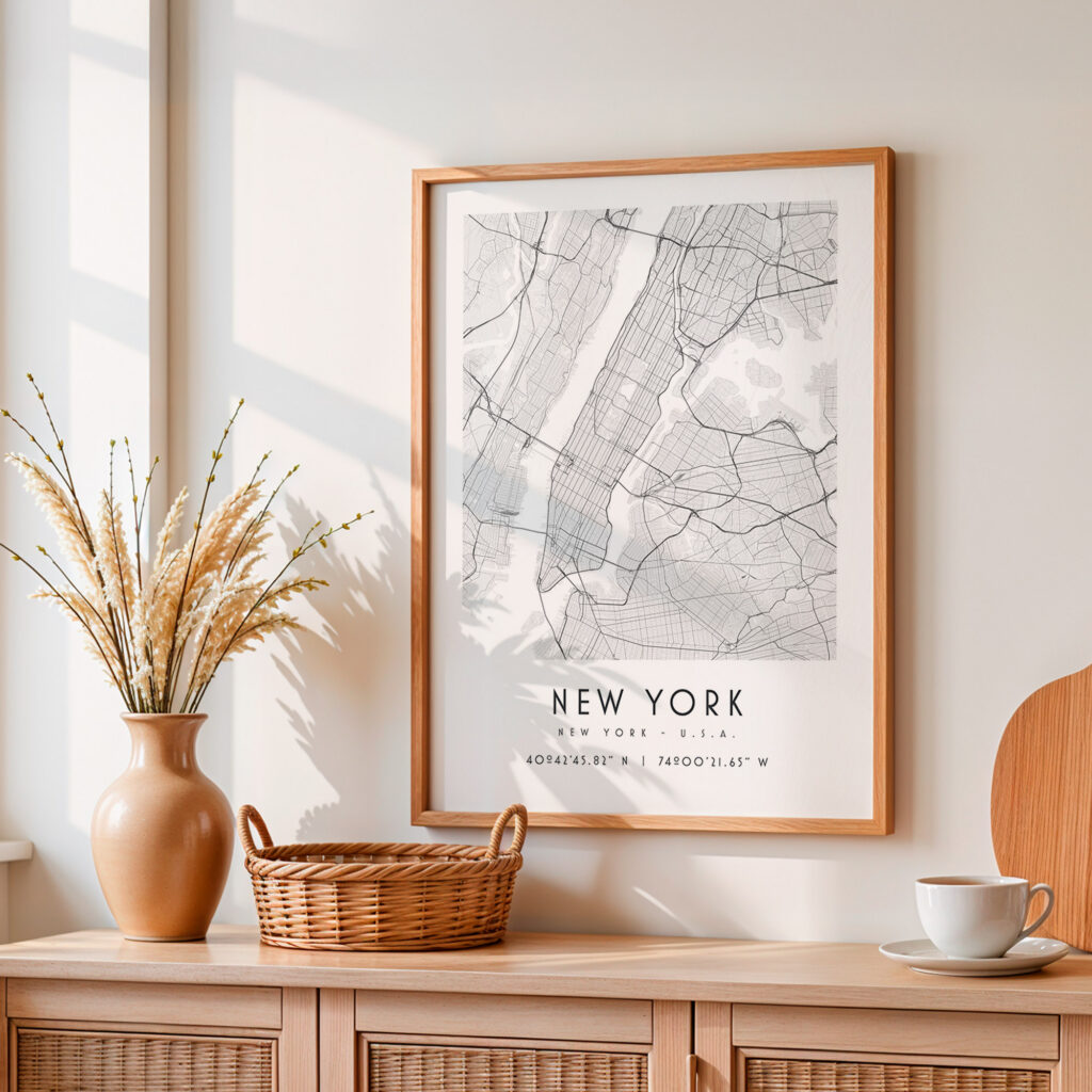 Carte New York noir et blanc, affiche encadrée