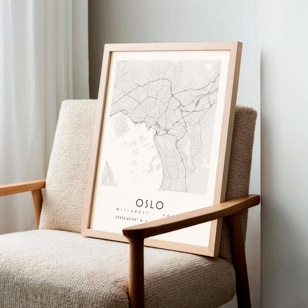 Carte Oslo noir et blanc, affiche encadrée