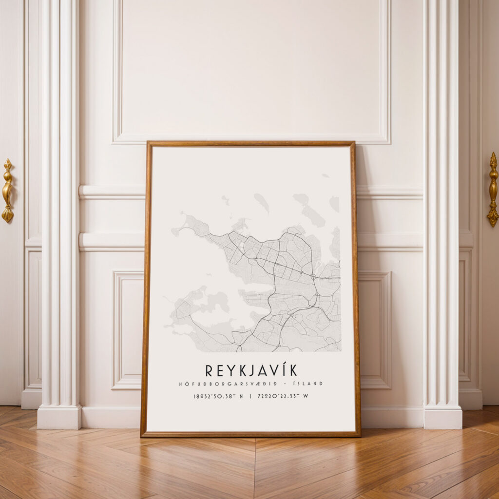 Carte Reykjavik noir et blanc, affiche encadrée