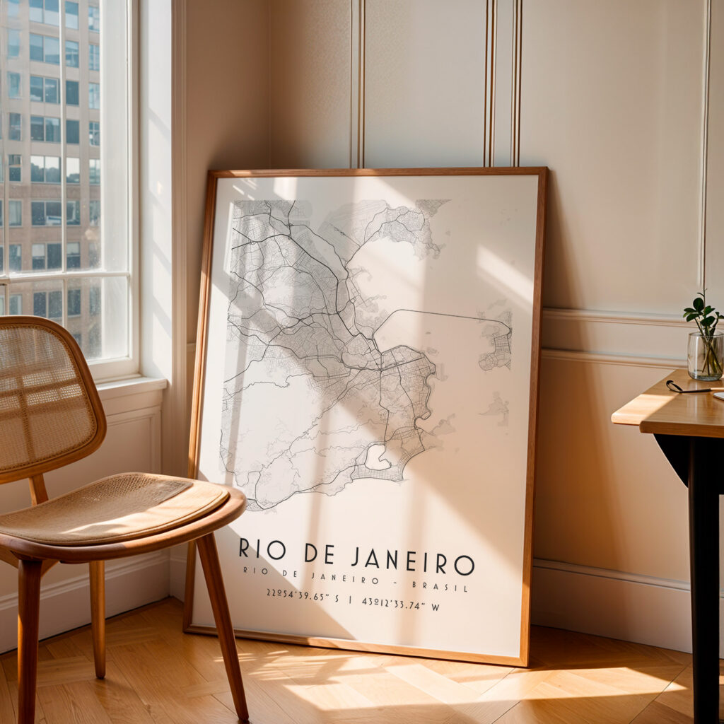 Carte Rio de Janeiro noir et blanc, affiche encadrée