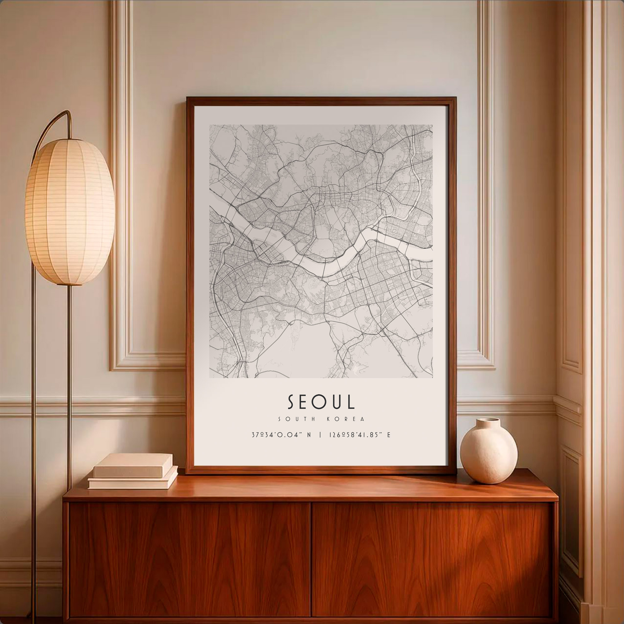 Carte Séoul noir et blanc, affiche encadrée