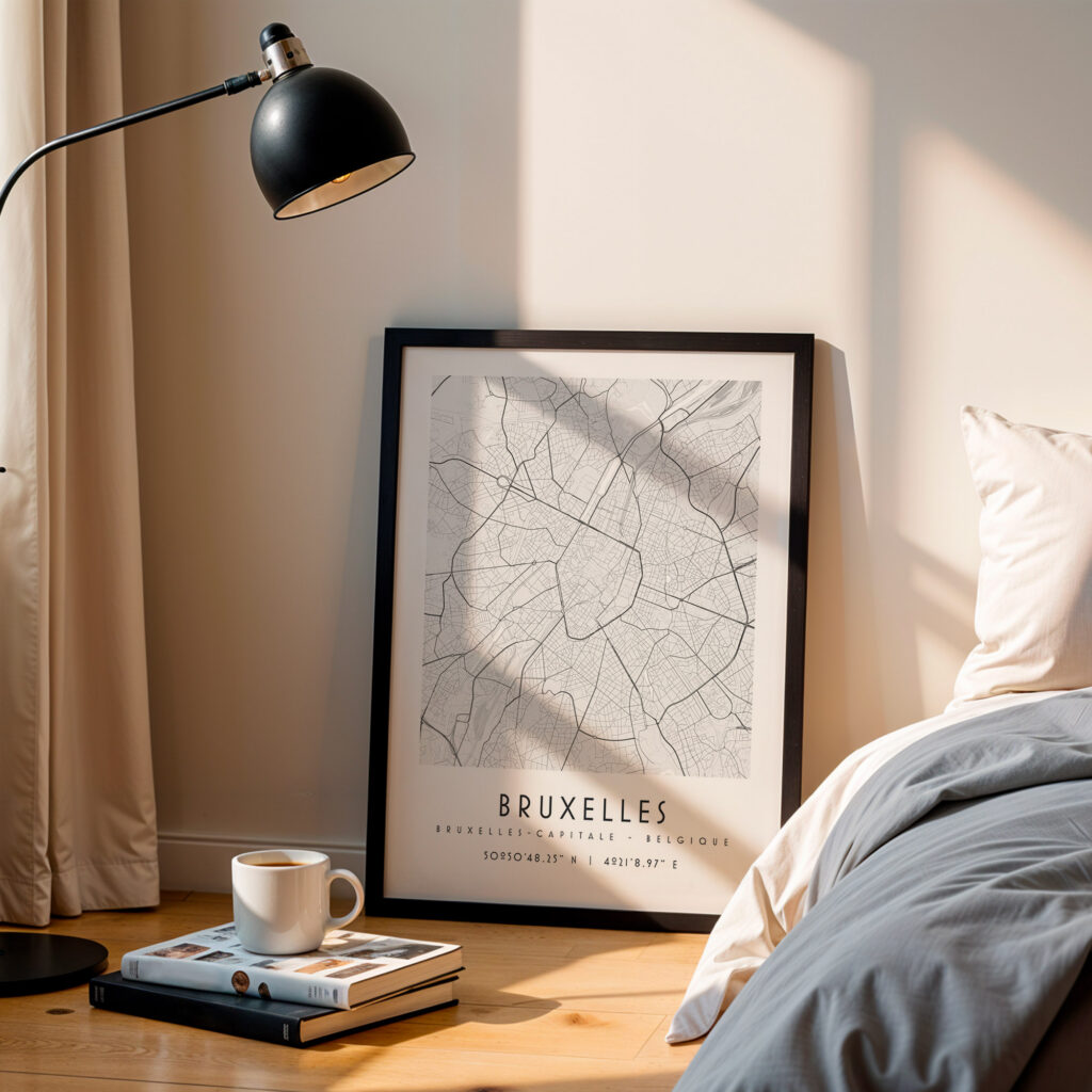 Carte Bruxelles noir et blanc, affiche encadrée