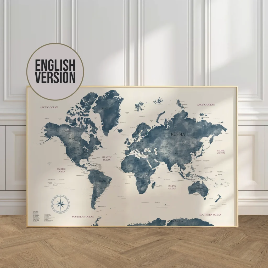 Carte du monde bleue en français encadrée