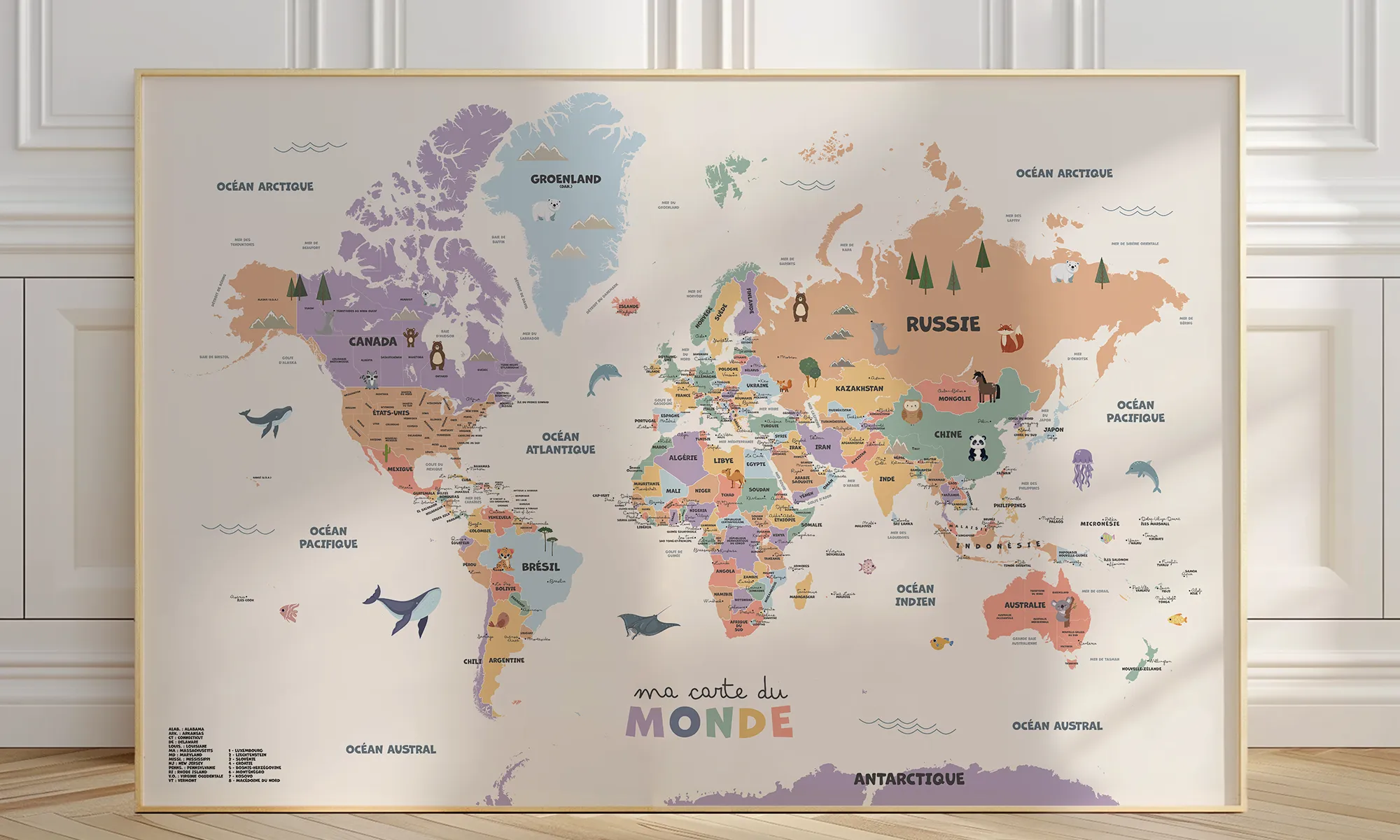 carte du monde coloree pour enfant encadrée