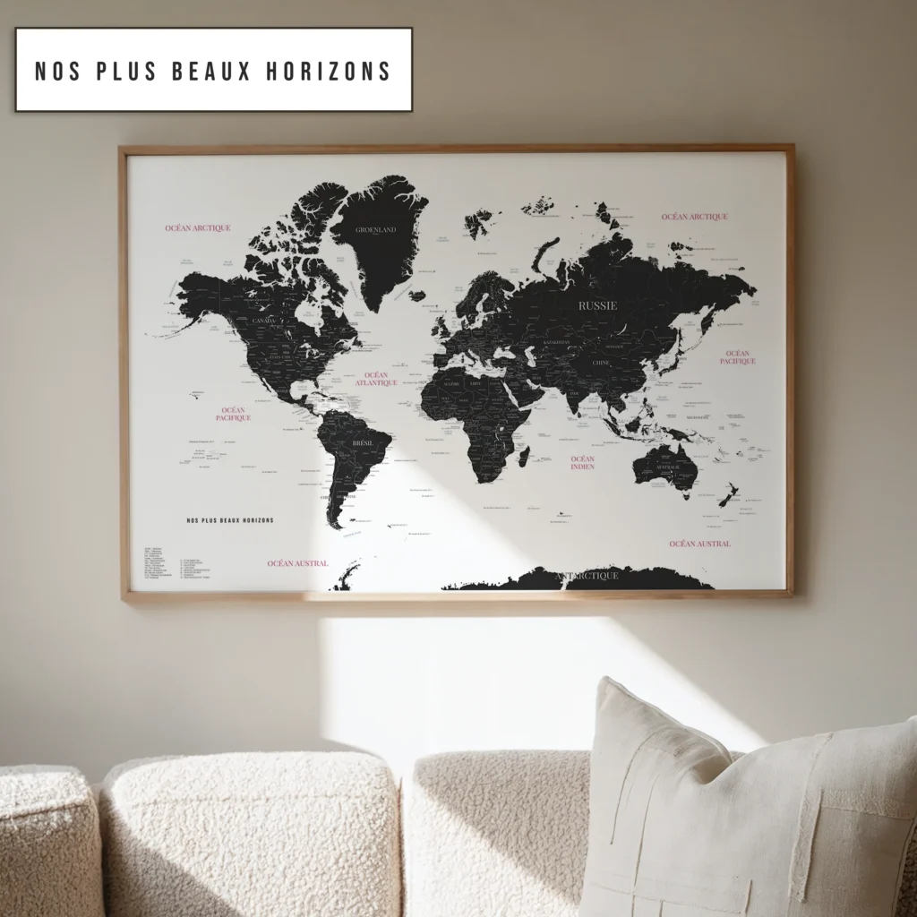 Carte du monde personnalisée signature horizontale — Inès Affichéo