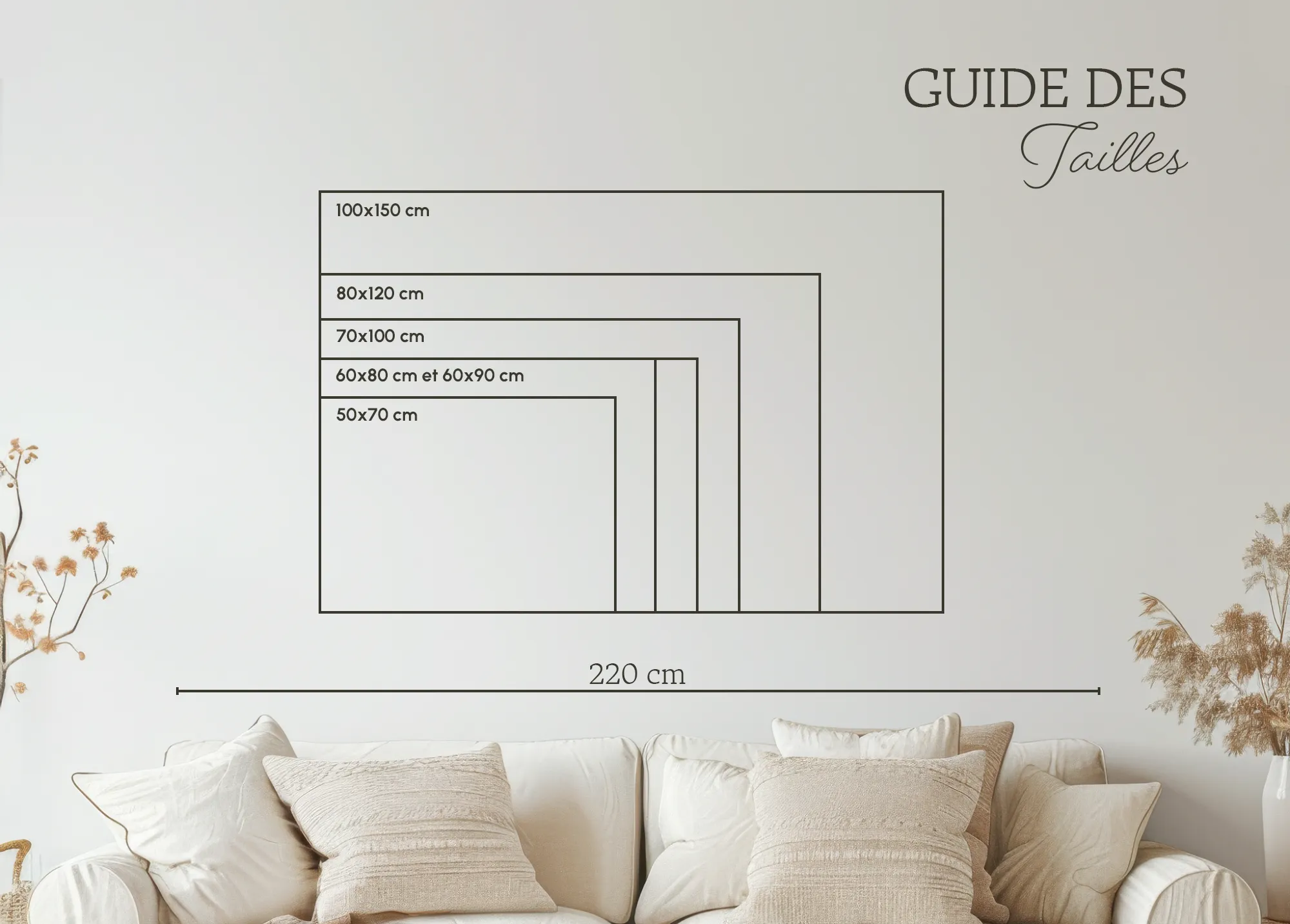 guide tailles grands formats Afficheo Différents formats de cartes du monde au-dessus d’un canapé pour comparer les tailles d’affiches murales et répondre à la question :<br />
quel format choisir pour une carte du monde