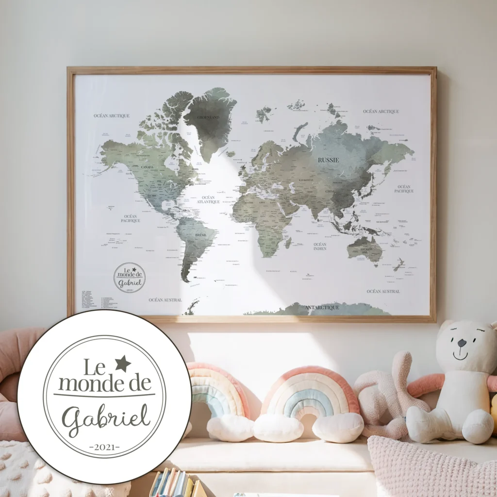 Carte du monde personnalisée style Poétique — Minérale Affichéo