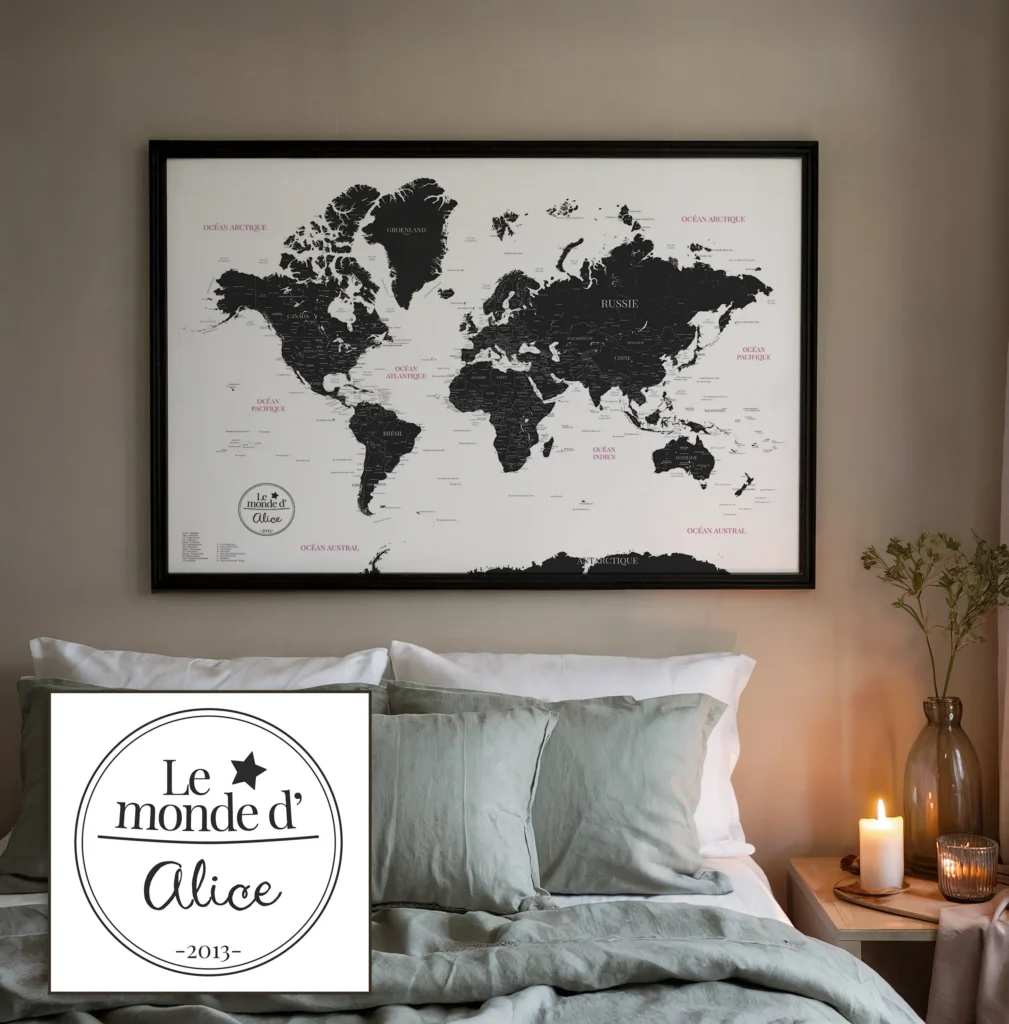 Carte du monde personnalisée style Poétique — Inès Affichéo