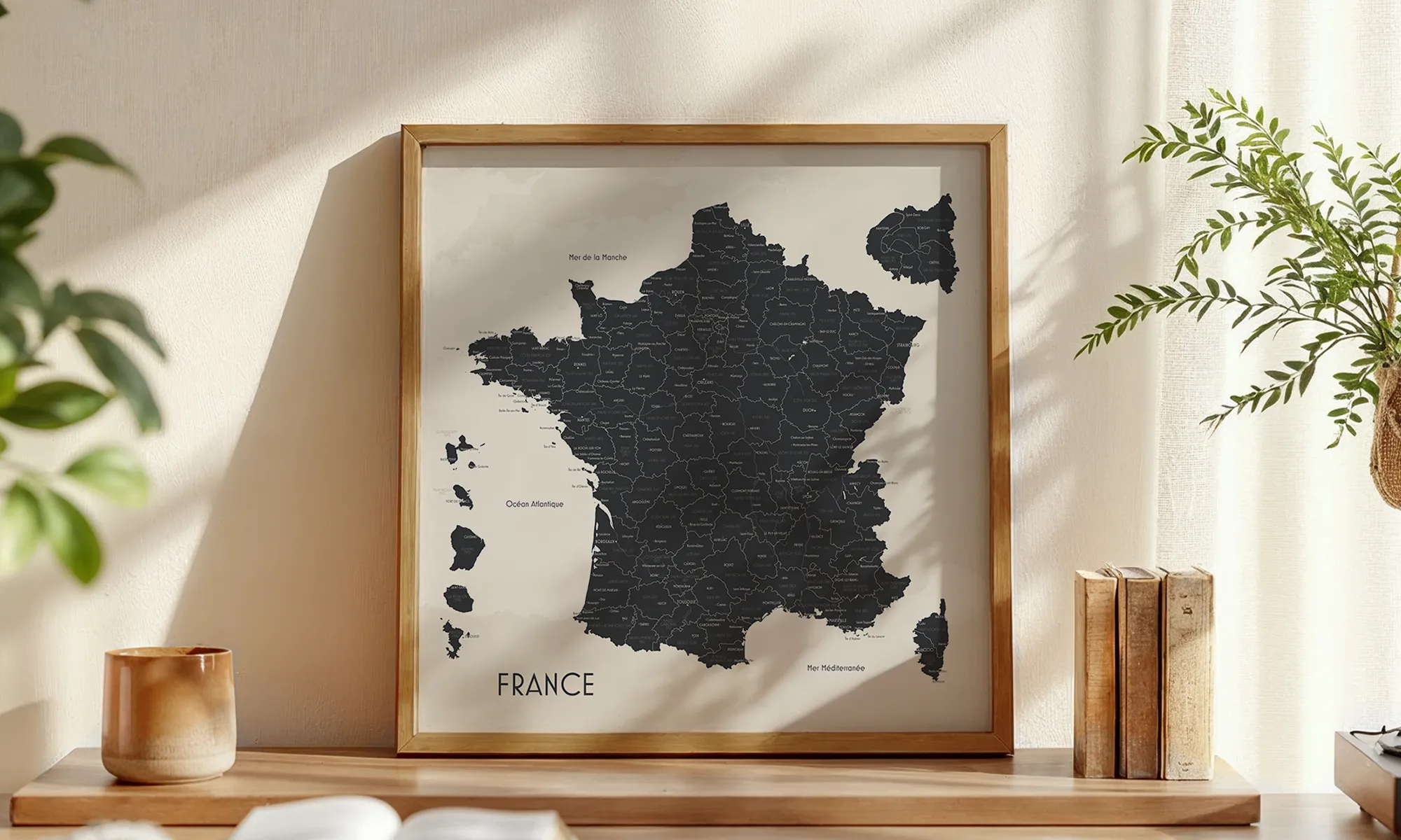 carte de france foncée Octave - Affichéo Carte de France murale gris foncé encadrée posée sur une étagère